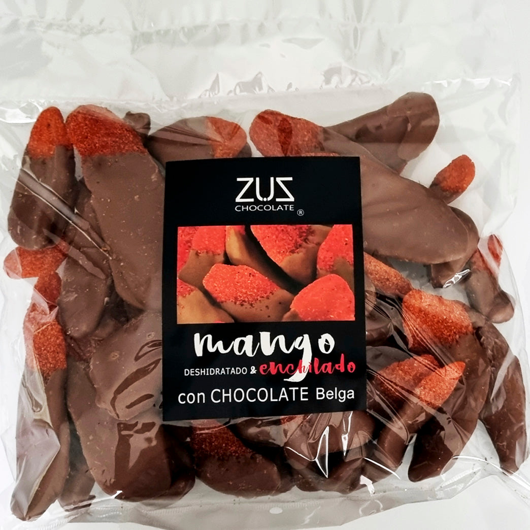 1 kg Mango deshidratado y enchilado cubierto de chocolate belga de leche